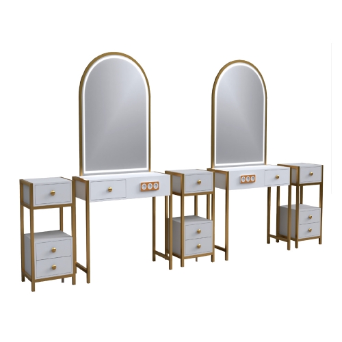Ansamblu post de lucru dublu coafor alb cu auriu si oglinzi LED GV 2067 - mobilier-aparatura-coafor.ro