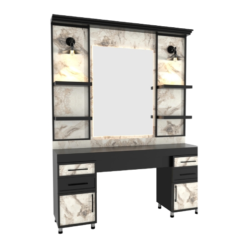  Post de lucru pentru coafor model GV 2142 cu oglinda iluminata LED, rafturi si finisaj mdf premium textura marmura