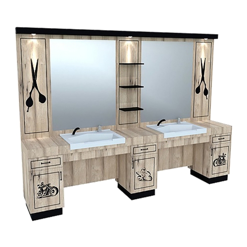 Unitate barbering dubla GV 522 cu textura lemn deschis si grafica decorativa cu motociclete de pe mobilier-aparatura-coafor.ro