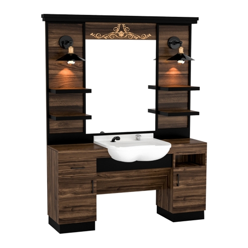 post de lucru simplu barber shop gv 534 din mdf premium maro nuc si panouri negre cu oglinda mare ornament baroc sculptat auriu si scafa alba