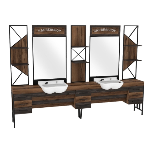 post de lucru dublu barber shop gv 545 din lemn rustic maro inchis cu doua oglinzi mari scafe albe in corporate si rafturi metalice exterioare cu tije in x