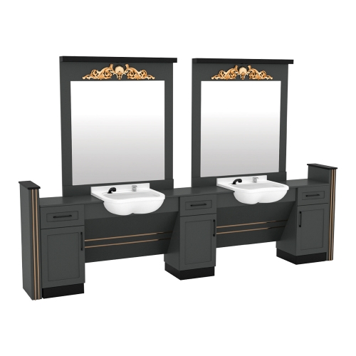post de lucru dublu barber shop gv 555 din mdf premium gri antracit inchis cu ornamente baroce sculptate aurii doua scafe albe si profile aurii