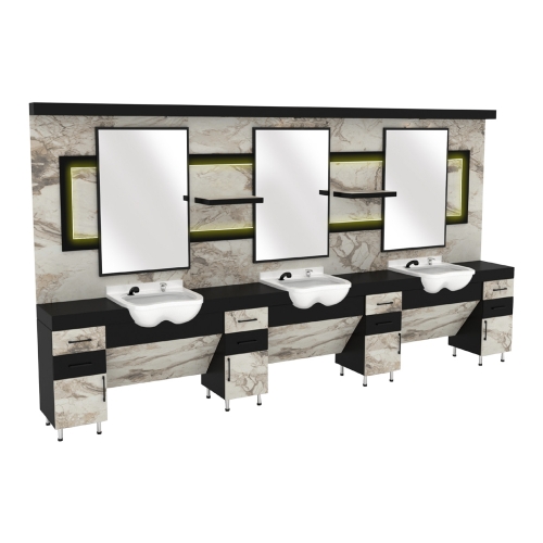 post de lucru triplu barber shop gv 561 din mdf premium textura marmura crem si negru cu trei oglinzi mari trei scafe albe si benzi led galbene