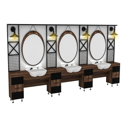 post de lucru triplu barber shop gv 581 din mdf textura lemn rustic maro si negru cu trei oglinzi ovale prinse cu lanturi scafe albe si grilaje