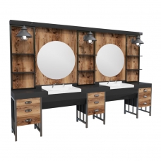 Post de Lucru Dublu Barber Shop GV 638 din Lemn cu Oglinzi Rotunde