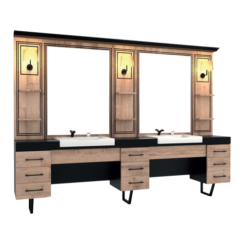 post de lucru dublu barber shop gv 643 din mdf textura lemn maro deschis blat negru doua scafe albe doua oglinzi mari si aplice cu abajur textil