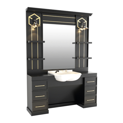 post de lucru simplu barber shop gv 649 finisaj negru mat cu linii verticale aurii scafa alba oglinda mare si elemente decorative hexagonale