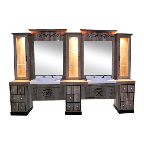 post de lucru dublu barber shop gv 653 din lemn rustic deschis cu trei vitrine luminate led doua scafe albe si logo gravat cu briciuri