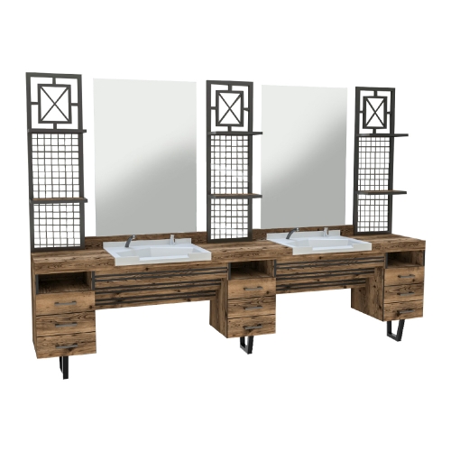 post de lucru dublu barber shop gv 672 din lemn rustic maro cu detalii negre doua scafe albe incluse si trei structuri metalice tip grilaj cu rafturi