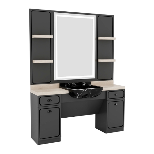 post de lucru simplu barber shop gv 681 din mdf premium gri antracit cu oglinda mare iluminata led blat crem si lavoar negru de marmura