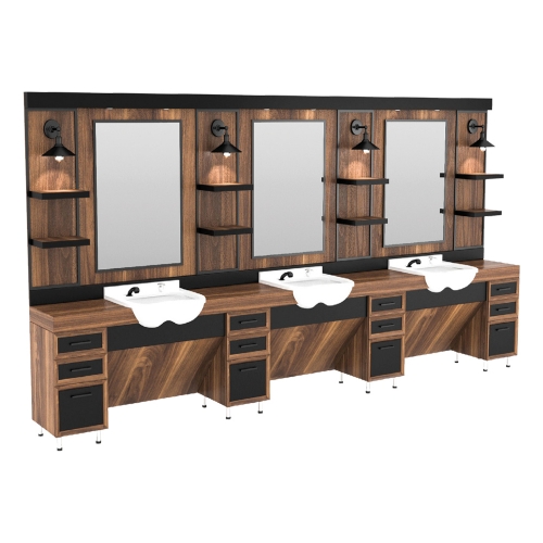 post de lucru triplu barber shop gv 684 din mdf premium textura lemn nuc maro si panouri negre cu trei oglinzi mari trei scafe albe si aplice retro
