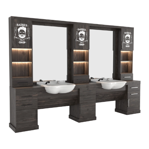 post de lucru dublu barber shop gv 686 din lemn rustic maro inchis cu doua scafe albe oglinzi mari si nise luminate led