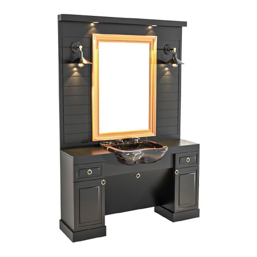 post de lucru simplu barber shop gv 689 din mdf premium negru mat cu oglinda mare cu rama aurie si lavoar negru cu marmura aurie