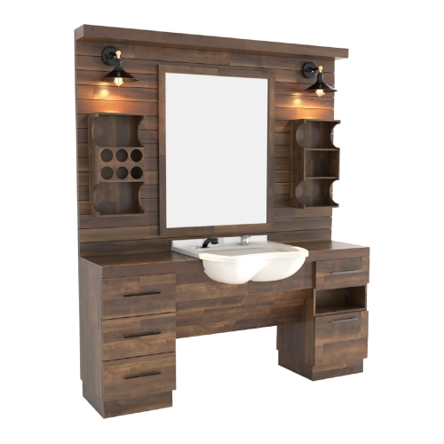 post de lucru simplu barber shop gv 690 din mdf textura lemn maro nuc panou spate din riflaje orizontale oglinda mare scafa alba si rafturi curbate