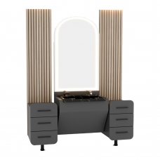 Post de Lucru Simplu Barber Shop GV 695 din MDF cu Riflaje, Oglindă Arcuită LED și Lavoar de Marmură