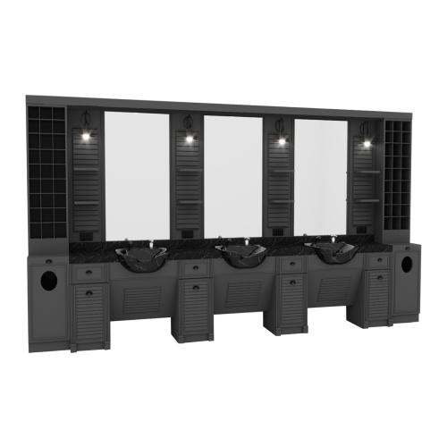 Post de lucru triplu pentru frizerie model GV 696 cu trei chiuvete ceramice, baterii din inox si spatii de depozitare pe mobilier-aparatura-coafor.ro