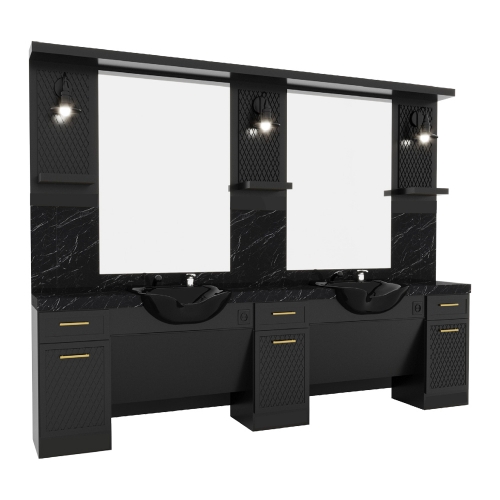 Post de lucru dublu pentru frizerie model GV 697 cu doua vase ceramice negre, baterii din inox si oglinzi iluminate industrial pe mobilier-aparatura-coafor.ro