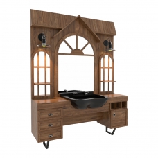 Post de Lucru Simplu Barber Shop GV 700 din MDF Lemn Rustic cu Arcade și Scafă Neagră