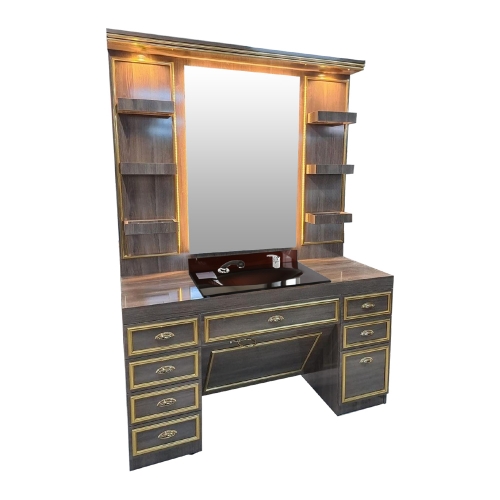 Post de lucru frizerie de lux GV 707 din lemn maro cu profile aurii și chiuvetă salon