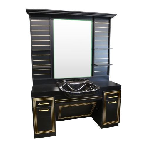 Post de lucru frizerie de lux GV 708 negru cu linii decorative aurii și oglindă iluminată led