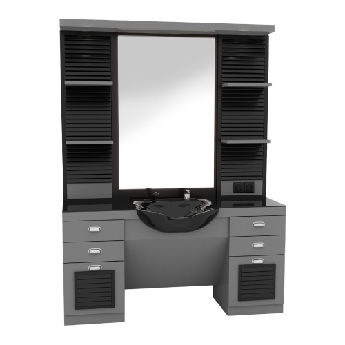 Post de lucru individual frizerie GV 710 gri cu negru prize integrate și chiuvetă salon