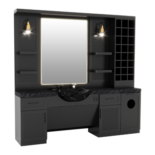 Post de lucru frizerie individual GV 714 negru mat cu organizator fagure și blat textură marmură
