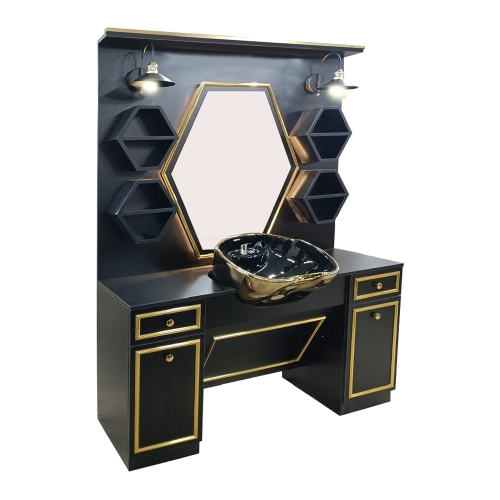 post de lucru barber shop gv 717 negru mat cu rama aurie oglinda hexagonala si scafa neagra cu auriu