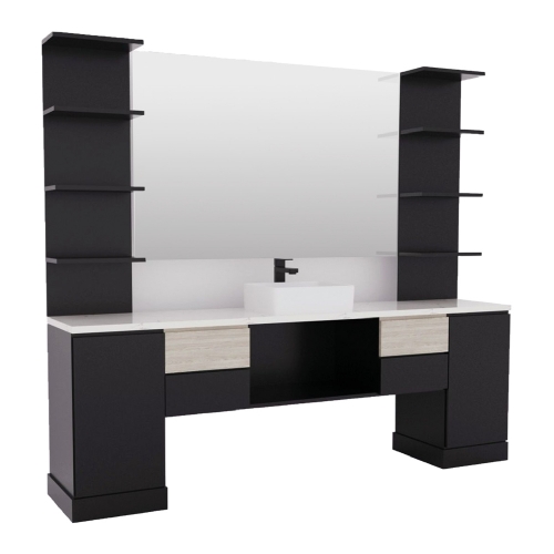 Post de lucru individual frizerie GV 718 negru mat cu etajere laterale blat marmură albă și chiuvetă rectangulară
