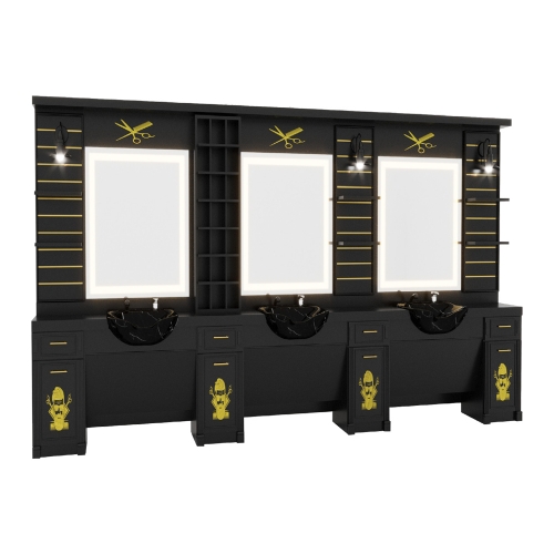 post de lucru triplu barber shop gv 721 negru cu oglinzi led iluminate scafe negre incluse si elemente grafice aurii foarfece si logo