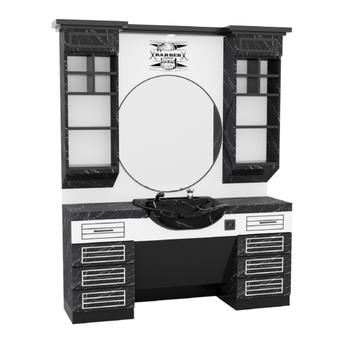post de lucru simplu barber shop gv 722 finisaj marmura neagra cu oglinda rotunda scafa neagra si sertare albe