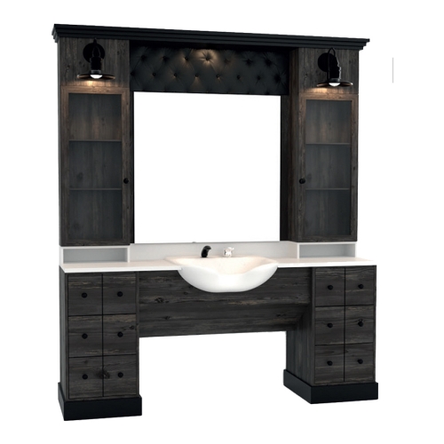 post de lucru simplu barber shop gv 724 din lemn rustic maro inchis cu oglinda mare iluminata cald obloane gri inchis tip jaluzea si lavoar negru -> post de lucru simplu barber shop gv 728 din lemn rustic negru cu panou superior capitonat tip chesterfi