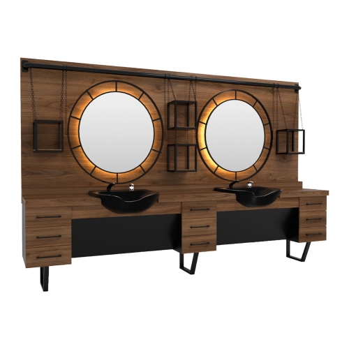 post de lucru dublu barber shop gv 730 din mdf premium maro si negru cu doua oglinzi rotunde mari iluminate led si rafturi cușcă suspendate pe lanțuri