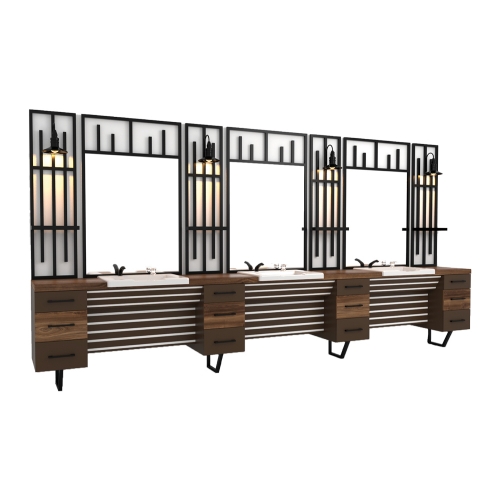 post de lucru triplu barber shop gv 731 din mdf premium maro si negru cu trei oglinzi mari trei scafe albe grilaj metalic vertical si panouri riflate la baza