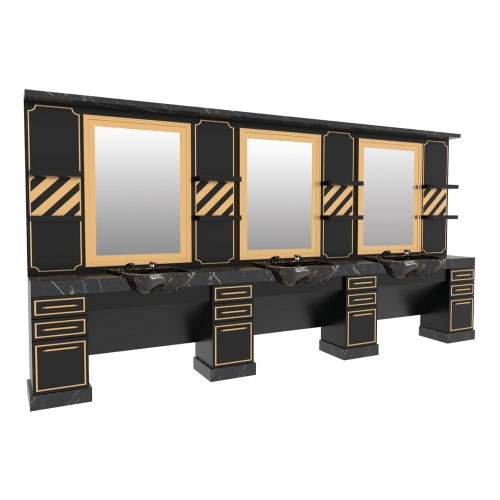 post de lucru triplu barber shop gv 732 din mdf premium textura marmura neagra trei oglinzi mari cu rame aurii si lavoare negre cu textură de marmură