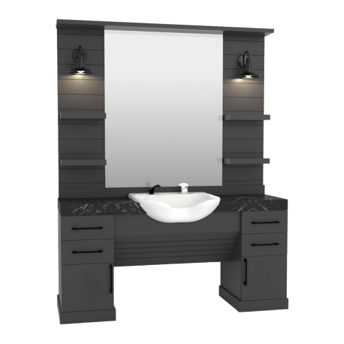 post de lucru simplu barber shop gv 733 din mdf premium gri antracit cu oglinda mare lavoar alb incastrat in forma de val si blat marmura neagra