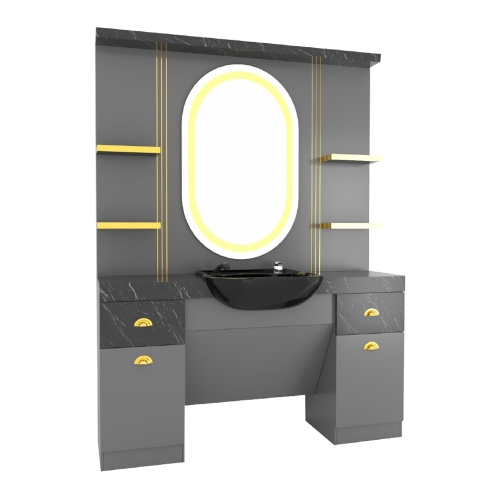 post de lucru simplu barber shop gv 735 finisaj gri antracit si marmura neagra cu oglinda ovala iluminata led scafa neagra si detalii aurii