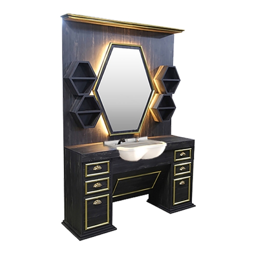 post de lucru simplu barber shop gv 738 din lemn rustic inchis cu oglinda hexagonala iluminata led scafa alba si profile aurii la sertare